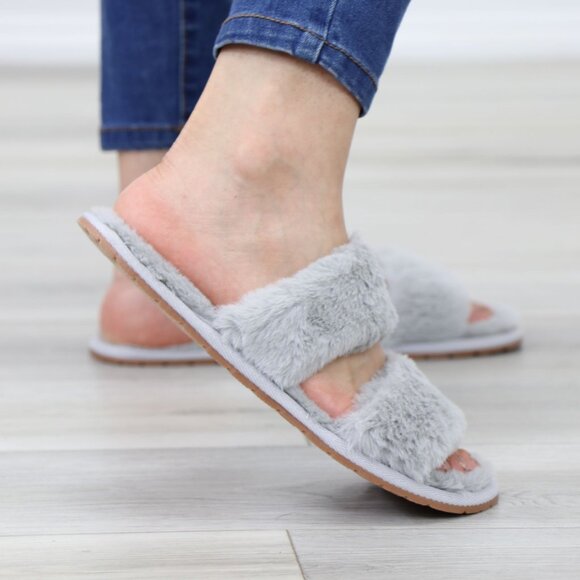 Grey Puff Fuzzy Furry Fluffy Slip On Plush Slippers Double Strap - Picture 7 of 13